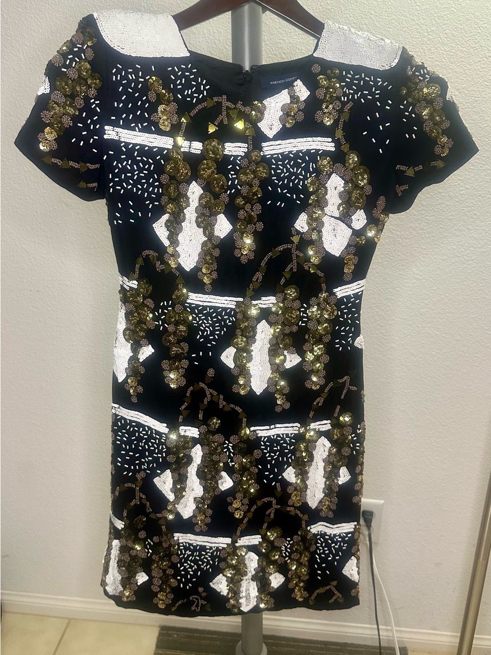 French Connection Black Shift Dress with Gold and White Sequin Embellishment